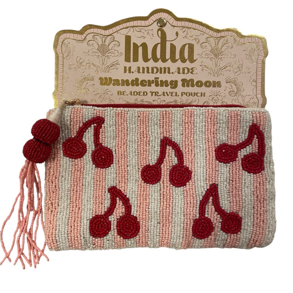 Viral Handmade Beaded Pouch with Cherries Pink and Red NWT